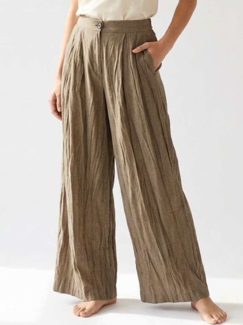 Carlotta Linen Blend Wide Leg Pants Women S Brown Taupe Pleated Elastic Waist